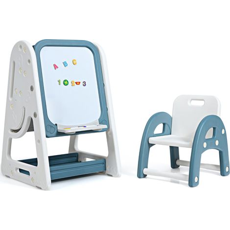 Caballete magnético infantil 53 x 62,5 x 71-100 cm 2 en 1 con escritorio plegable y asiento ergonómico en polietileno blanco y azul 200009906