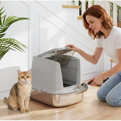 Litière fermée pour chat en acier inoxydable avec pelle et sac désodorisant, dimensions 52,4 x 41,3 x 39,8 cm (1/5)