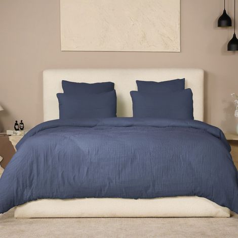 Parure housse de couette 240x220cm + 2 taies 100% gaze de coton lavée bleu pétrole - VALMA (1/4)