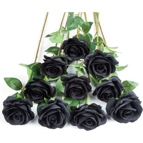 Lot de 10 roses artificielles en soie avec longues tiges pour arrangement de mariage, centre de table, fête, décoration de la maison ou de la cuisine (Noir) (1/5)