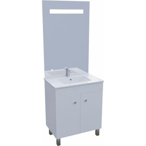 Cuisibane – Meuble salle de bain 70 cm avec plan simple vasque céramique – 2 portes – Miroir LED 70 cm hauteur 105 cm – Blanc brillant - ht105