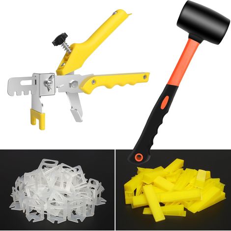 Kit de nivellement de carrelage, 1,5 mm Outil de carrelage, 300 languettes, 100 cales, 1 pince et 1 marteau en caoutchouc pour aide à la pose de carrelage, kit de nivellement de carrelage (1/5)