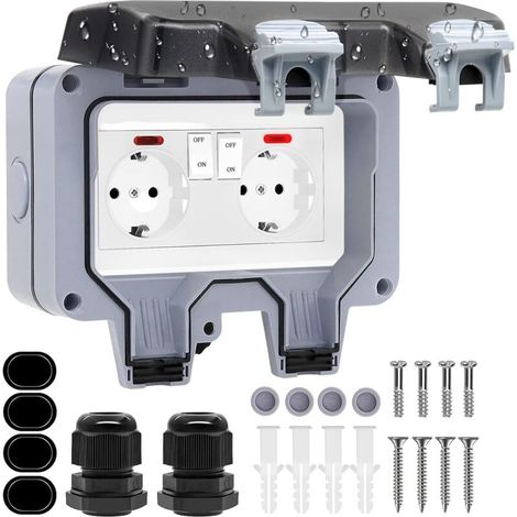 Prise Exterieure Etanche 16A IP66 Double Prise de Courant et Volet de Protection Multiprise Electrique Murale de Jardin, Prise Anti-Poussière et Coupe-Vent avec Interrupteur, Voyant Lumineux (1/5)