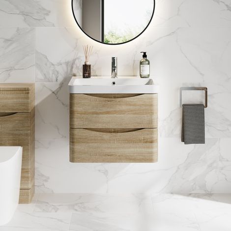 600mm Bathroom Vanity Unit Wall Hung Storage Furniture Basin Sink Soft Close Oak (1/5)