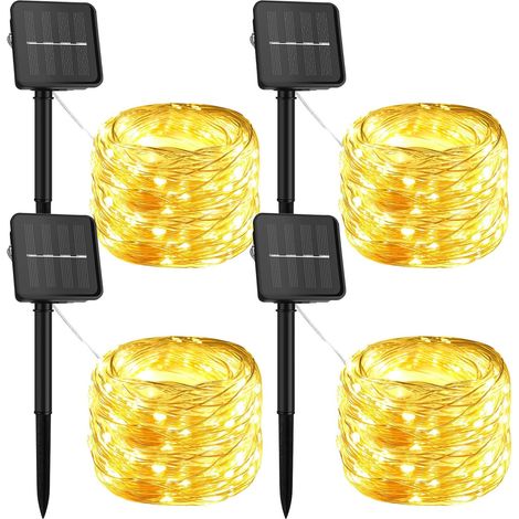 Lot de 4 Guirlande Solaire Exterieur Jardin, Guirlande lumineuse solaire,12M 120 LED Noël Guirlande Lumineuse Solaire 8 Modes Étanche Fil Cuivre Lumière pour Sapin de Noël,Jardin,Terrasse,Balcon