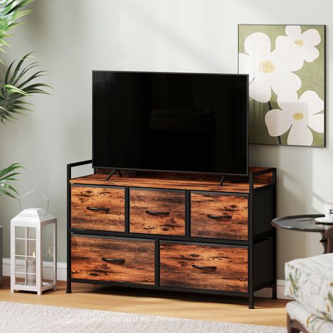Cassettiera in tessuto con 5 cassetti e struttura in metallo, stile industriale per soggiorno o corridoio, 98x29x63 cm, marrone rustico.