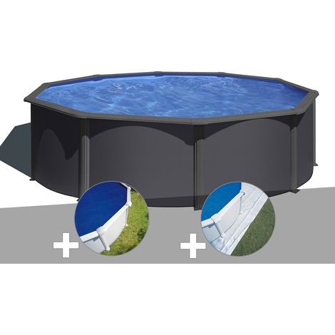 Kit piscine acier gris anthracite Gré Louko ronde 3,70 x 1,22 m + Bâche à bulles + Tapis de sol