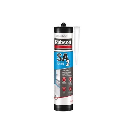 Rubson SA2 Sanitaire Blanc, Mastic silicone 2-en-1 pour émail et matériaux de synthèse, Joint sanitaire renforcé en antifongiques, finition lisse & brillante, Cartouche de 280 ml (1/4)