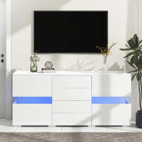 Buffet blanc haute brillance, buffet salon, buffet led avec 4 tiroirs (1/5)