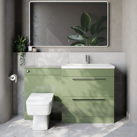Napoli 390 Cento Olive Green 1400mm 2 Drawer Vanity Unit Toilet Suite with Glide Basin - 1400mm - Chrome 480mm HandleWith Kingston Toilet Pan and Seat