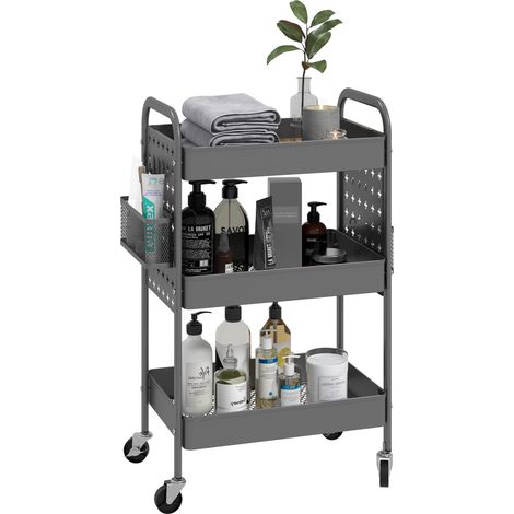Beyamis Multifunktionaler Servierwagen, Küchenwagen, 3 Ablagen, 4 Rollen, 53,5 cm x 30,5 cm x 75 cm, grau