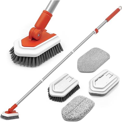 1 brosse de nettoyage 4 en 1, manche télescopique 106–130 cm, tête interchangeable pour salle de bain, baignoire et sol