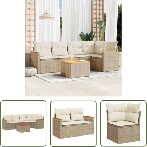 The Living Store 6-tlg. Garten-Sofagarnitur mit Kissen Beige Poly Rattan - Gartenmöbel Set - Esszimmergarnitur - Outdoor Lounge - Rattan Gartenmöbel - Balkonmöbel (1/5)