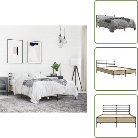 Bettgestell Sonoma-Eiche 140x200 cm Holzwerkstoff und Metall - Holzbettfassungen - Bettenrahmen - Doppelbett - Eiche Möbel - Schlafzimmer Dekoration (1/5)