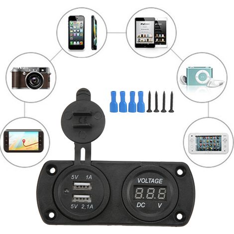 Wasserdichtes Ladegerät für Auto, Boot und Motorrad mit zwei USB-Anschlüssen, Dual-Port-Hochleistungsvoltmeter (2,1 A, blaues Licht). (1/5)