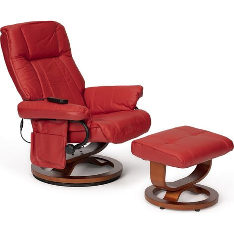 Sillón reclinable con vibración 2510 con reposapiés en piel roja con estructura de madera lacada (1/5)