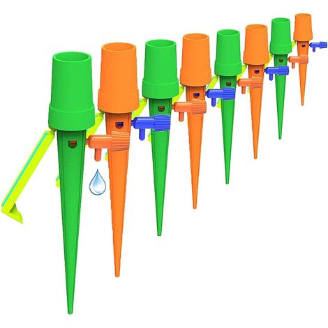 Kit d'arrosage automatique pour plantes, 12 pièces pics auto-arrosants avec support anti-bascule et vanne réglable, système d'irrigation goutte-à-goutte à libération lente pour vacances (1/5)
