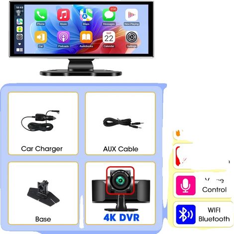 Écran Carplay, Caméra Avant 4K, Connectivité Bluetooth, DVR 4K (1/2)