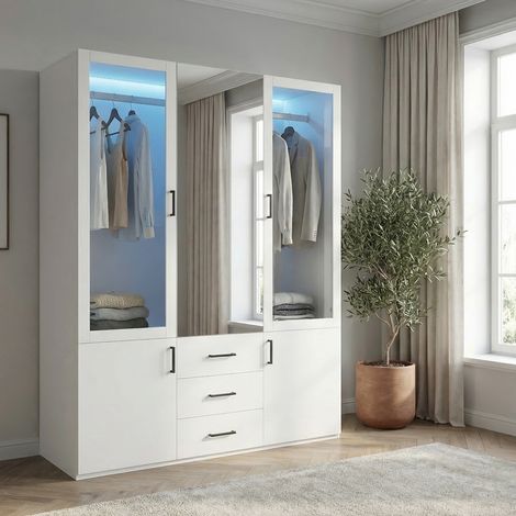 Armadio guardaroba con 4 ante e 3 cassetti, 130x51.8x181,5 cm, specchio e illuminazione LED, grande capacità di contenimento, legno e metallo, stile moderno scandinavo, Bianco