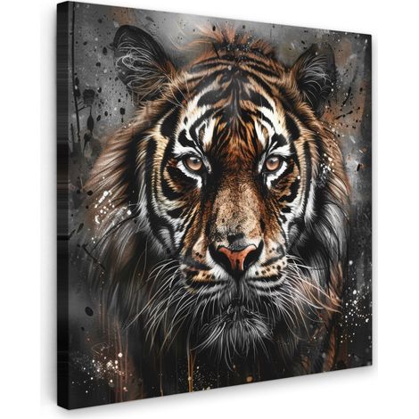 TABLEAU SUR TOILE Tigre - Animaux - Portrait - Luxe - Noir Tableau Chambre Adulte 90x90 cm