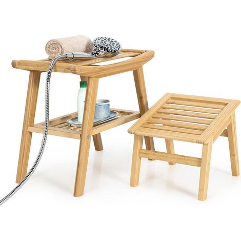 COSTWAY Bambus Duschhocker mit Fusshocker, Badhocker mit Ablagefach mit Ablage, bis 150kg belastbar, Badehilfe für Schwangere und Alte