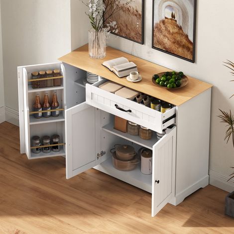 Meuble de rangement design 3 portes + 1 tiroir, buffet contemporain en blanc et bois naturel, parfait pour séjour, salle à manger ou entrée, élégant et pratique. (1/5)