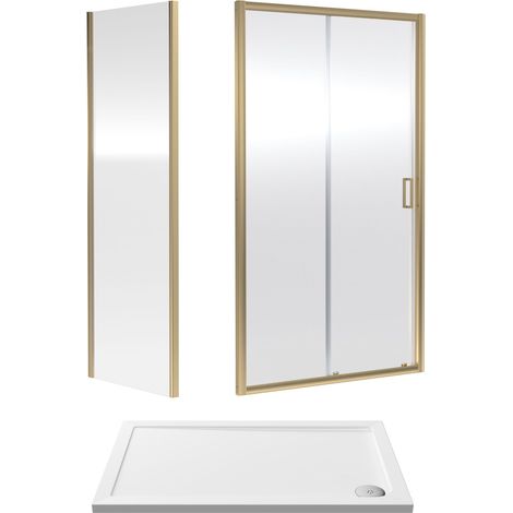 Balterley Sliding Shower Suite with 6mm Safety Glass Door, Side Panel & 1200 x 760mm Shower Tray in Brushed Brass Frame (1/3)