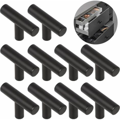 Poignées de porte de placard en alliage massif robuste, forme T, couleur sable noir, lot de 10. Convient pour tiroirs et placards. (1/5)