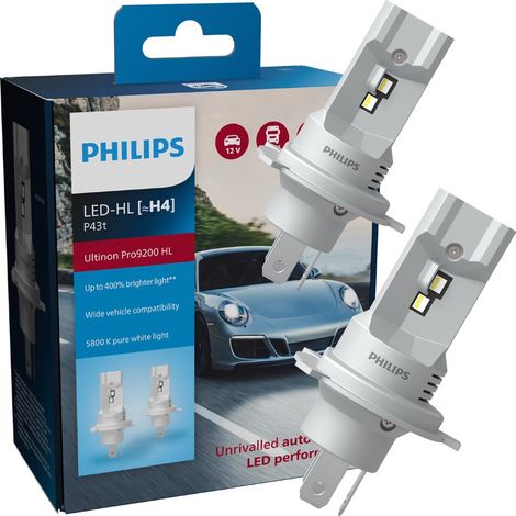 2X AMPOULES H4 LED ULTINON PRO9200 PHILIPS 5800K +400% 11342U92X2 - 12/24V 18W - LED PUISSANTES - LA PAIRE
