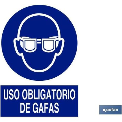 COFAN señal adhesiva 148x105mm. uso obligatorio de gafas , Señal de obligación Uso obligatorio de gafas. El diseño de la señal puede variar, pero en ningún caso se variará el signi (1/3)