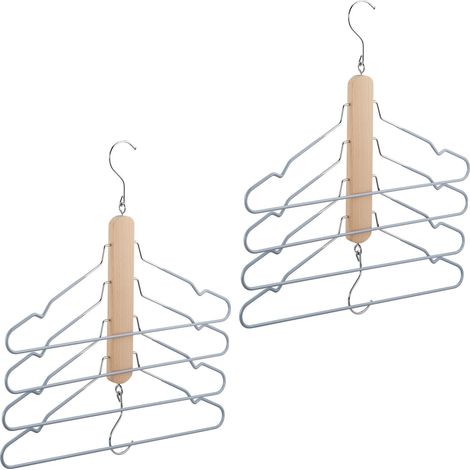 2 x Mehrfach Kleiderbügel, platzsparend, je 4 Hemdenbügel mit Hosensteg, Holz, Metall, Antirutschbügel, natur/grau