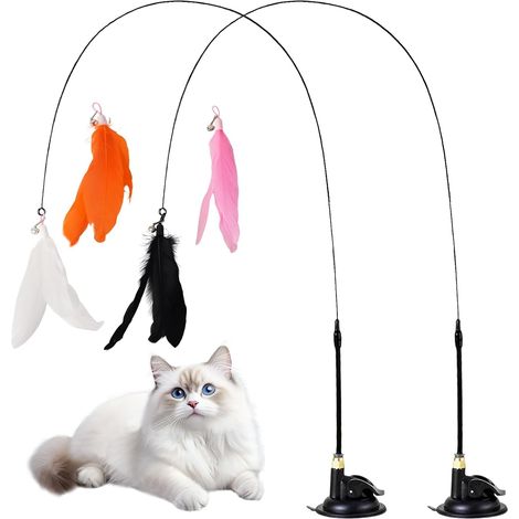 2 Ensembles de Jouets pour Chats en Plumes avec Ventouses, 4 Plumes avec Clochettes, Canne à Pêche pour Chaton, Jouets d'Intérieur pour Chats, Jouets Interactifs pour Chats (1) (1/5)