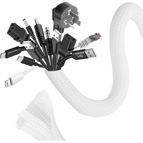 1 Manchon Cache Câble 3m, Tressé Extensible 25-32mm, Gaine Protection PC TV Auto Blanc (1/5)