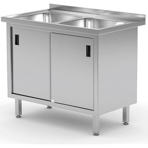 Table avec 2 éviers, placard - soudée, avec portes coulissantes - 60x100xH88 cm - Hendi