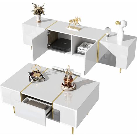 Conjunto de Muebles de Salón con Mueble TV y Mesa de Centro, Almacenaje, Cierre Suave, MDF, Blanco (1/5)
