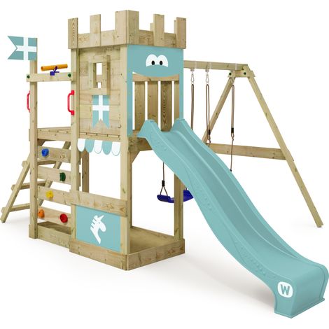 Wickey RoyalFlyer aire de jeu en bois avec balançoire et bac à sable en bleu ciel