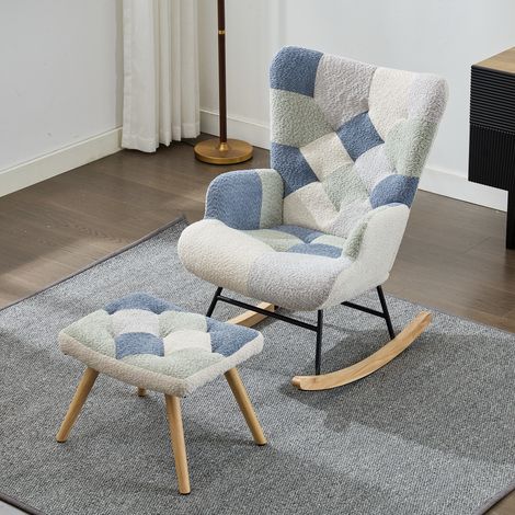 Fauteuil à bascule avec repose-pied, tissu beige et bleu, charge 110 kg DESVIAE (1/5)