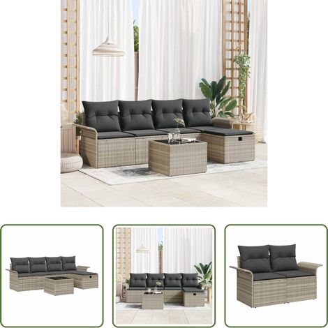 Gartentisch - Gartensofa-set mit Kissen 6 pcs Hellgrau Poly-Rattan (1/5)