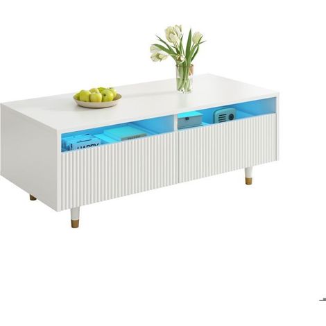 Table basse 110x50, design moderne table basse salon, LED intégrées, rangement intégré, structure bois massif blanc et or (1/5)