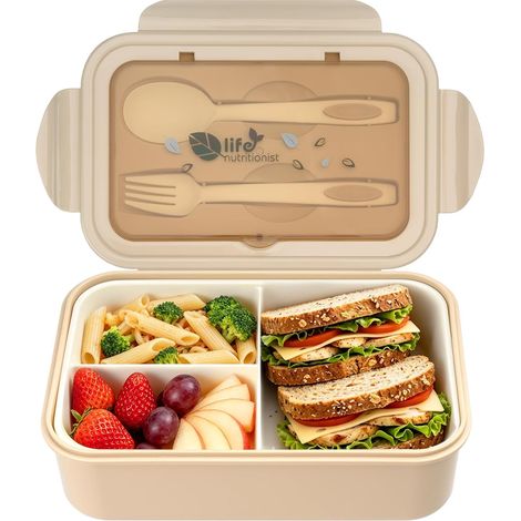 1400-ml-Lunchbox mit 3 Fächern und Besteck, Khakifarbene Lunchbox (1/5)