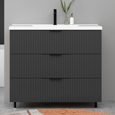 Meuble de salle de bain suspendu Strié 100cm avec poignées + simple vasque + 3 tiroirs, Anthracite
