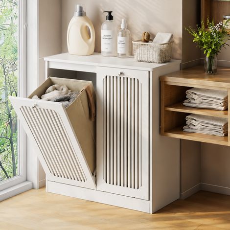 Armoire à linge à façade lamellée avec couvercle rabattable, meuble de rangement domestique à deux compartiments en tissu, placard autoportant pour balcon et salle de bain, blanc. (1/5)
