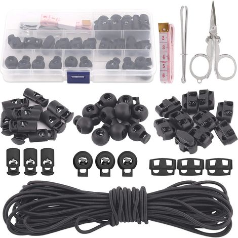 Set di 35 fermacorda in plastica con 3 tipi di mascherine e 10 m di cordino elastico per coulisse, fermacorda antiscivolo, lacci delle scarpe, abbigliamento (1/5)