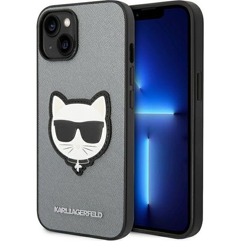 Karl Lagerfeld KLHCP14MSAPCHG iPhone 14 Plus / 15 Plus 6,7" Hartschalenetui silber/silber Saffiano Choupette Kopfaufnäher (1/5)