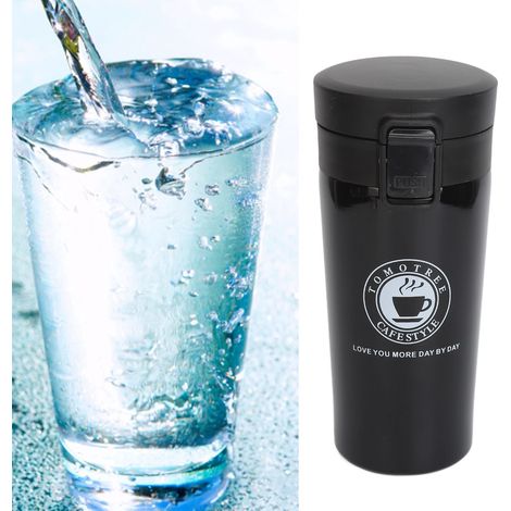 Mug isotherme portable en acier inoxydable à double paroi avec couvercle à ouverture facile, idéal pour le travail, la voiture ou comme cadeau. Noir, 380 ml. (1/5)