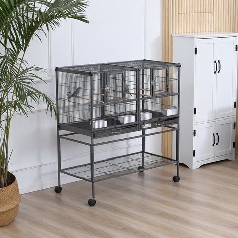 Double Cage pour Oiseaux en Métal de Haute Qualité avec Plateaux Amovibles, Support Stable avec 4 Roues et Étagère, 95x45.5x102cm, Noir Gris (1/5)