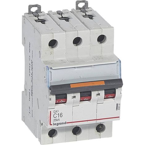 Disjoncteur DX³ 25kA arrivée haute et départ bas à vis 3 Pôles 400V 16A courbe C 3 modules LEGRAND 409781 (1/2)