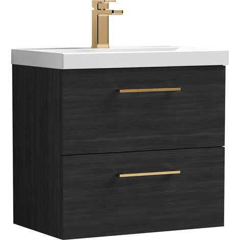 Balterley 600mm Wall Hung Bathroom 2 Drawer Vanity Unit and 1 Tap Hole Ceramic Basin, Woodgrain Black with Brushed Pewter Handles