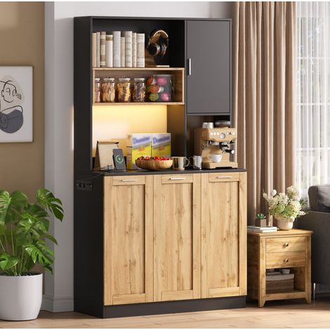 Armoire cuisine haute 100x40x180 cm MDF naturel/noir, LED, prises, gain de place – MEUBLIV (1/5)