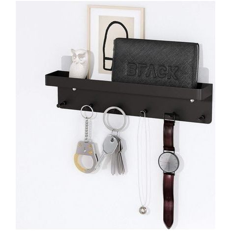 Porte-clés mural adhésif avec plateau de rangement pour courrier et 6 crochets pour clés, noir (1/4)